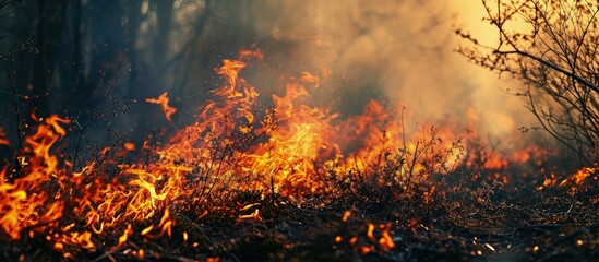 Controlled burning of vegetation in the spring. Creative Banner. Copyspace image - obrazy, fototapety, plakaty