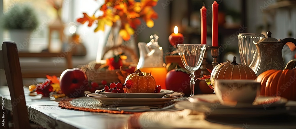 Aufkleber beautiful table setting for thanksgiving day dinner at home. creative banner. copyspace image