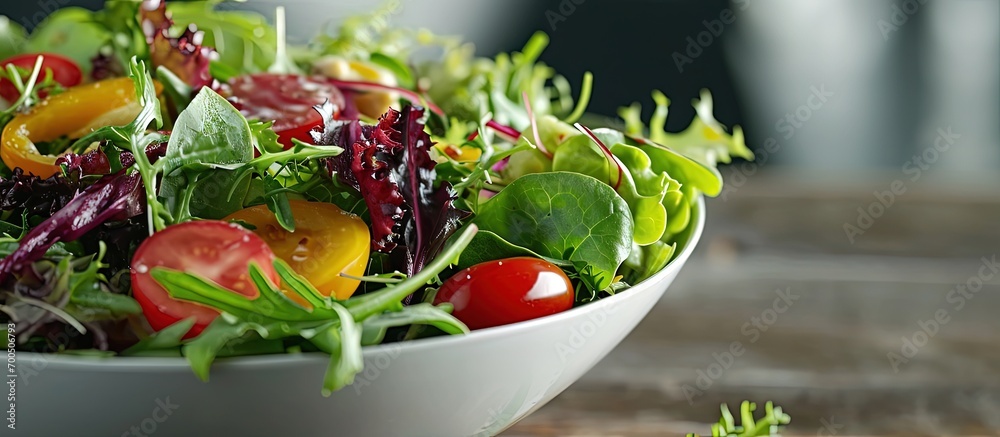 Poster healthy bowl of salad on table shot in studio. creative banner. copyspace image