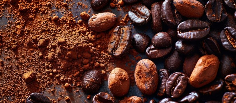 Cocoa drink with cocoa powder and beans isolated on white background. Creative Banner. Copyspace image