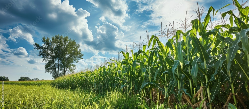Poster corn field in clear day corn tree with blue cloudy sky. creative banner. copyspace image
