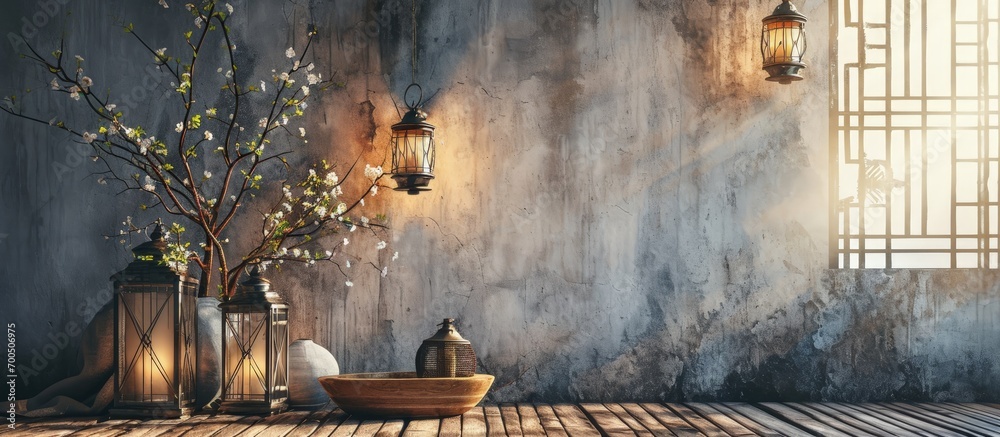 Aufkleber cozy lanterns and tree branches in a vase decorating a room. creative banner. copyspace image