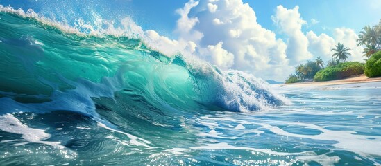 Blue Ocean Wave Tropical Island Atoll Nature Untouched Paradise. Creative Banner. Copyspace image - obrazy, fototapety, plakaty