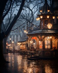 The gazebo on a rainy day in the center of the city