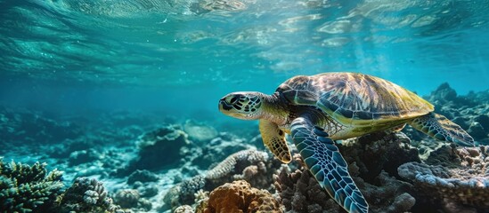Fototapeta premium Following a green sea turtle over the coral reef. Creative Banner. Copyspace image