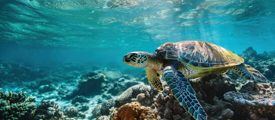 Following a green sea turtle over the coral reef. Creative Banner. Copyspace image