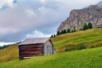 Rustic small wooden mountain hut on lush green pasture next to dolomites mountain, early morning, Alpe di Siusi, Dolomites, South Tyrol Italy