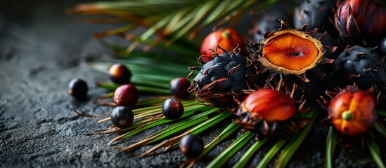 Close up of fresh oil palm fruits selective focus. Creative Banner. Copyspace image