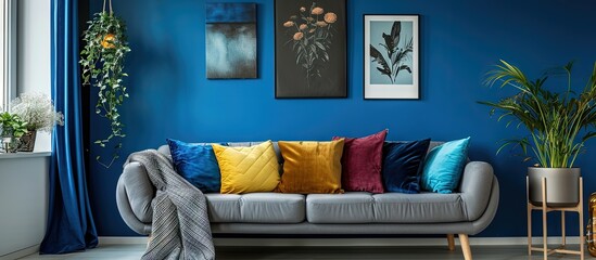 Different kind of pillows on comfortable grey corner sofa in elegant living room with blue wall with posters. Creative Banner. Copyspace image