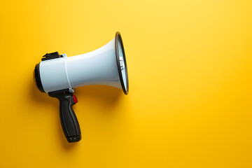 Megaphone or hand speaker isolated on yellow background with copy space - obrazy, fototapety, plakaty