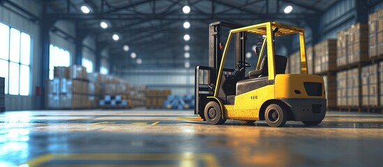 Interior of warehouse dock load cargo electric forklift pallet jack with large shipment goods pallet. Creative Banner. Copyspace image - obrazy, fototapety, plakaty