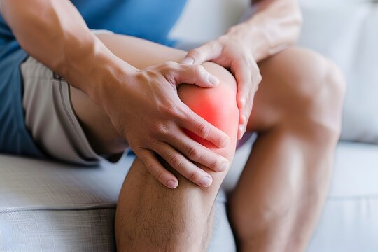 Knee joint pain in Caucasian man. Concept of osteoarthritis, rheumatoid arthritis or ligament injury