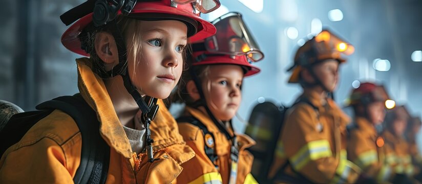Children in firefighters firefighter training with children. Creative Banner. Copyspace image