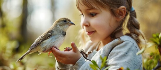 An ornithologist shows children how bird banding is important for environmental conservation. Creative Banner. Copyspace image - obrazy, fototapety, plakaty