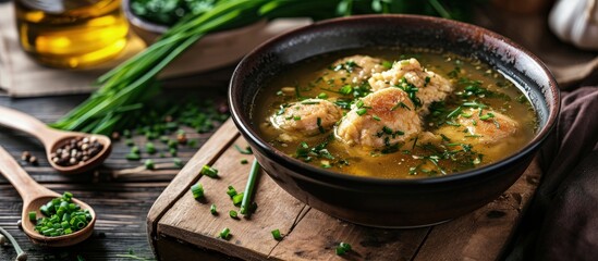 Chicken soup with dumplings and chives Top view copy space. Creative Banner. Copyspace image - obrazy, fototapety, plakaty