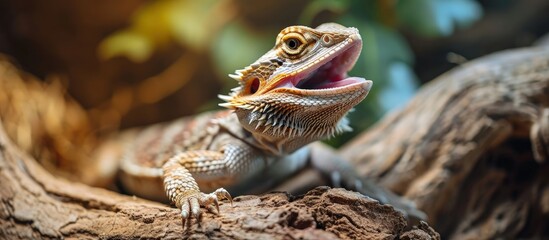 Cute baby of bearded agama dragon is sitting on log in his terrarium with open mouth Exotic domestic animal pet The content of the lizard at home. Creative Banner. Copyspace image - obrazy, fototapety, plakaty