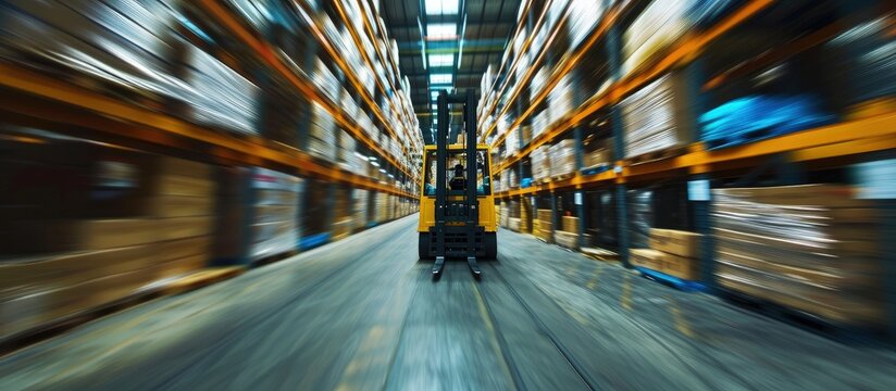 Forklift driving across an aisle in a warehouse motion blur. Creative Banner. Copyspace image