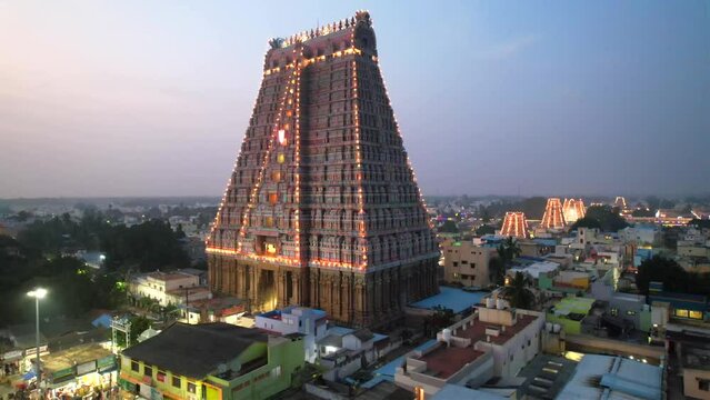 A Night Aerial shot of Sri Ranganatha Swamy Temple, Srirangam Temple in Tamil Nadu, India