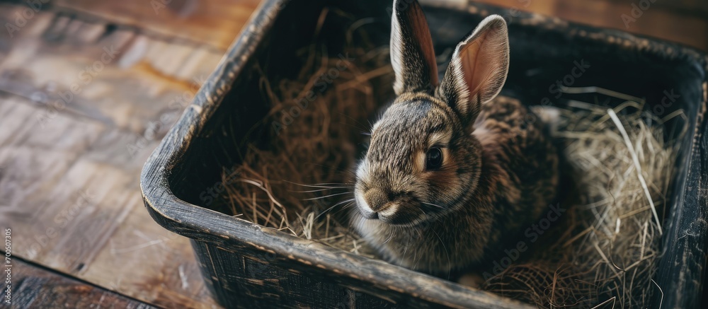 Poster bunny sitting in a litter box top view shot of cute rabbit. creative banner. copyspace image