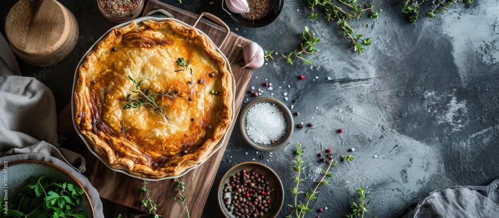 Poster classic pie with salmon and white fish on wooden board composition with fish pie on concrete backgro
