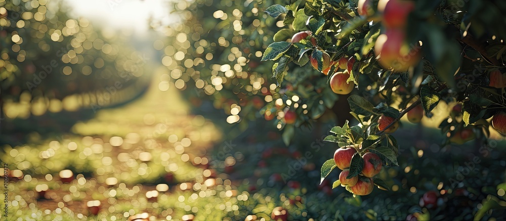 Aufkleber apple trees in an orchard with ripe apples ready for harvest. creative banner. copyspace image