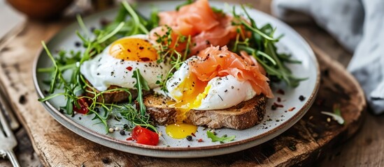 Luxury breakfast brunch and food recipe poached eggs with salmon and greens on gluten free toast for restaurant menu and gastronomy branding. Creative Banner. Copyspace image - obrazy, fototapety, plakaty