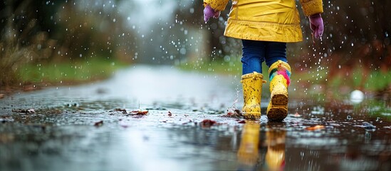 Close up of little toddler girl wearing yellow rain boots and walking during sleet on rainy cloudy day Cute child in colorful clothes jumping into puddle splashing with water outdoor activity