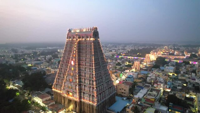 A Night Aerial shot of Sri Ranganatha Swamy Temple, Srirangam Temple in Tamil Nadu, India