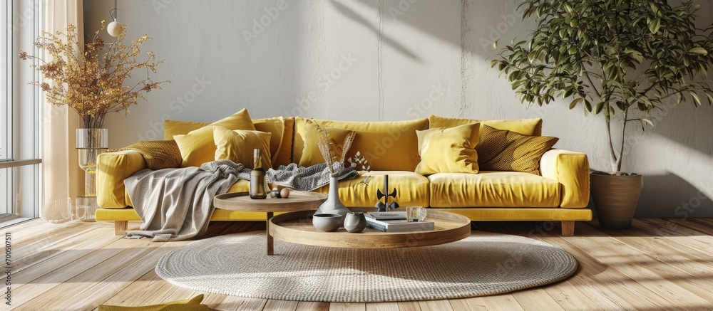 Poster bright and minimalist living room with comfortable cushions and gray blanket on a yellow sofa round 
