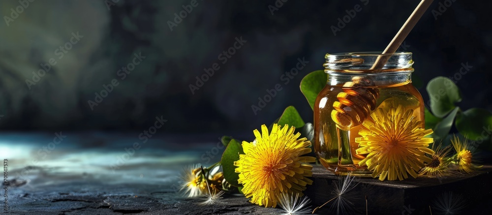 Poster a glass jar of dandelion honey with a dipper and fresh flowers. creative banner. copyspace image