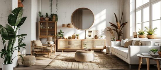 Interior design of ethnic living room with modern commode round mirror decoration furniture and personal accessories Template White wall. Creative Banner. Copyspace image