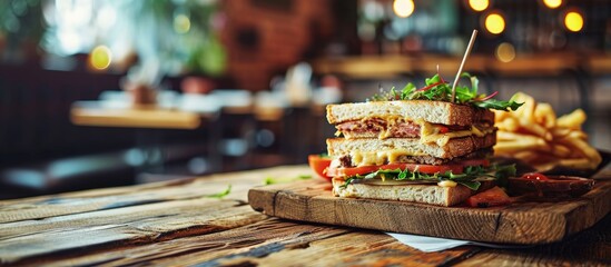 Club sandwich on wooden board on a table in a cafe. Creative Banner. Copyspace image - obrazy, fototapety, plakaty