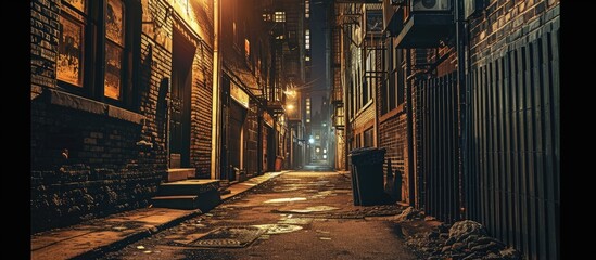 Dark empty scary urban city street alley with vintage buildings at night. Creative Banner....