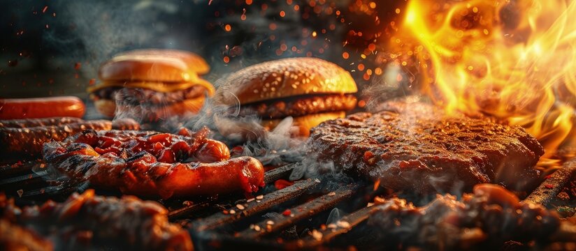 Hamburger patties and hot dogs on the grill under flaming coals. Creative Banner. Copyspace image