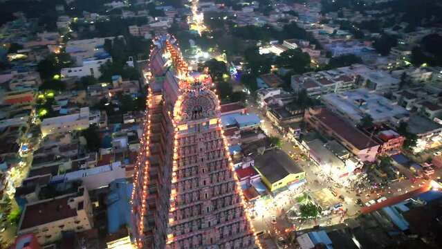 A Night Aerial shot of Sri Ranganatha Swamy Temple, Srirangam Temple in Tamil Nadu, India