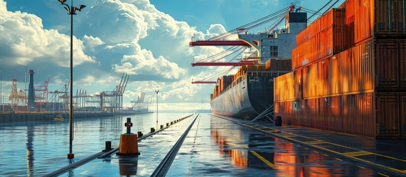 Agency conversing with captain of mother vessel about certificates and papers for import export docking. Creative Banner. Copyspace image