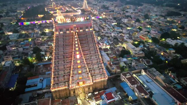 A Night Aerial shot of Sri Ranganatha Swamy Temple, Srirangam Temple in Tamil Nadu, India