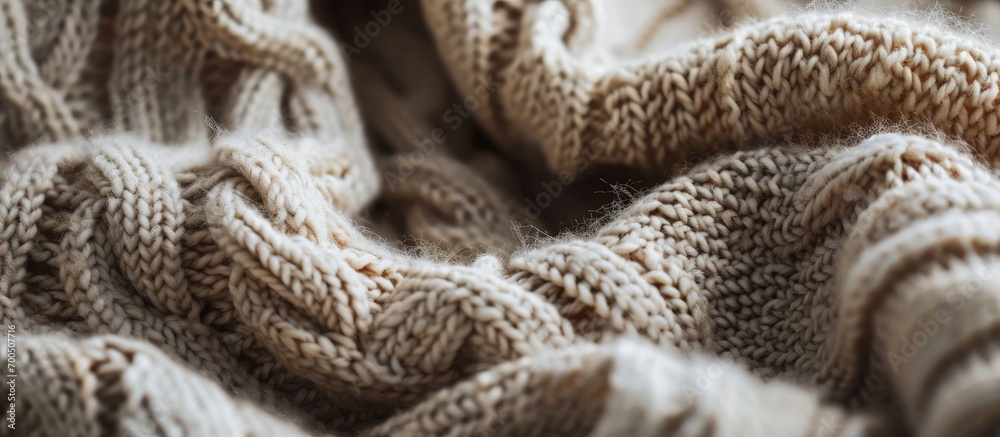 Poster Background with a cozy knitted sweater space for text Minimalism knitted texture order comfort macro Banner with copy space for text. Creative Banner. Copyspace image