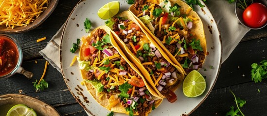 Ground Beef Tacos with shredded cheddar cheese fresh lettuce tomato onion on a white plate with lime wedges horizontal view from above mexican cuisine flat lay free space. Creative Banner - obrazy, fototapety, plakaty