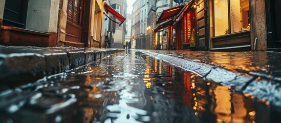 Asphalt road after the rain and crosswalk with reflections vertical photo of wet empty street. Creative Banner. Copyspace image - obrazy, fototapety, plakaty