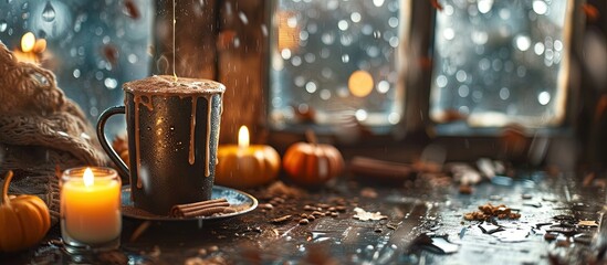 Hot cocoa drink with whipped cream and caramel in a white metal cup Caramel is dripping Autumn calm...