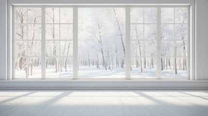 Empty rooms big window reveals winter landscape
