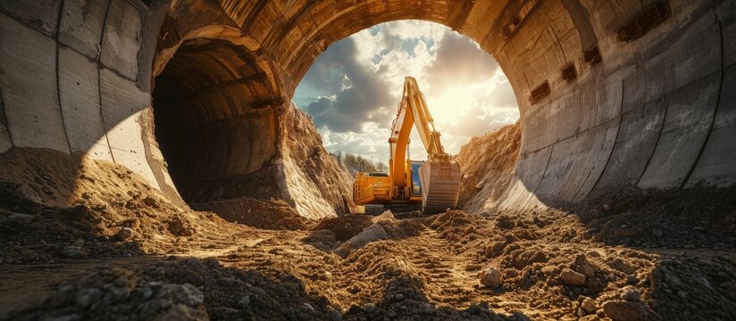 A large front loader pours sand into a pile at a construction site Transportation of bulk materials Construction equipment Bulk cargo transportation Excavation View from a large concrete pipe