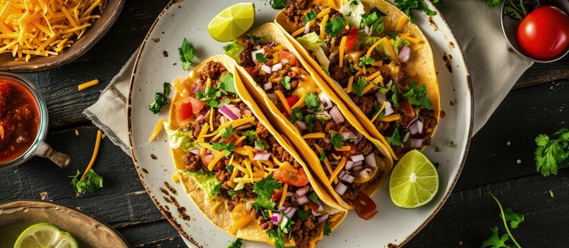 Ground Beef Tacos with shredded cheddar cheese fresh lettuce tomato onion on a white plate with lime wedges horizontal view from above mexican cuisine flat lay free space. Creative Banner