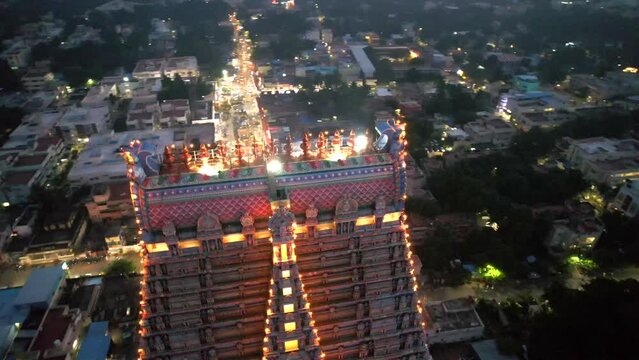 A Night Aerial shot of Sri Ranganatha Swamy Temple, Srirangam Temple in Tamil Nadu, India