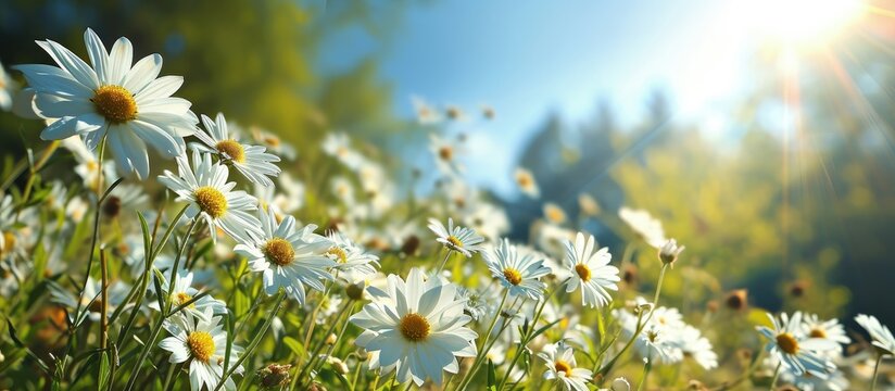 How beautifully the white flowers are blooming the yellow petals in the middle look very beautiful the green nature around the open sky and the shining sun around. Creative Banner. Copyspace image