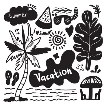 Collection of travel doodles, summer travel, vacation elements hand drawn in doodle style