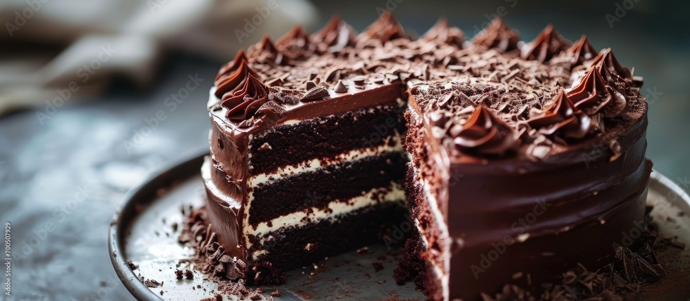 Poster Front view of a triple layered chocolate cake with a large slice removed. Creative Banner. Copyspace image