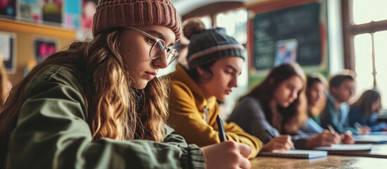 Group of students taking notes at modern classroom. Creative Banner. Copyspace image