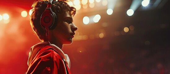 A little soccer player enjoys the music before the match. Creative Banner. Copyspace image